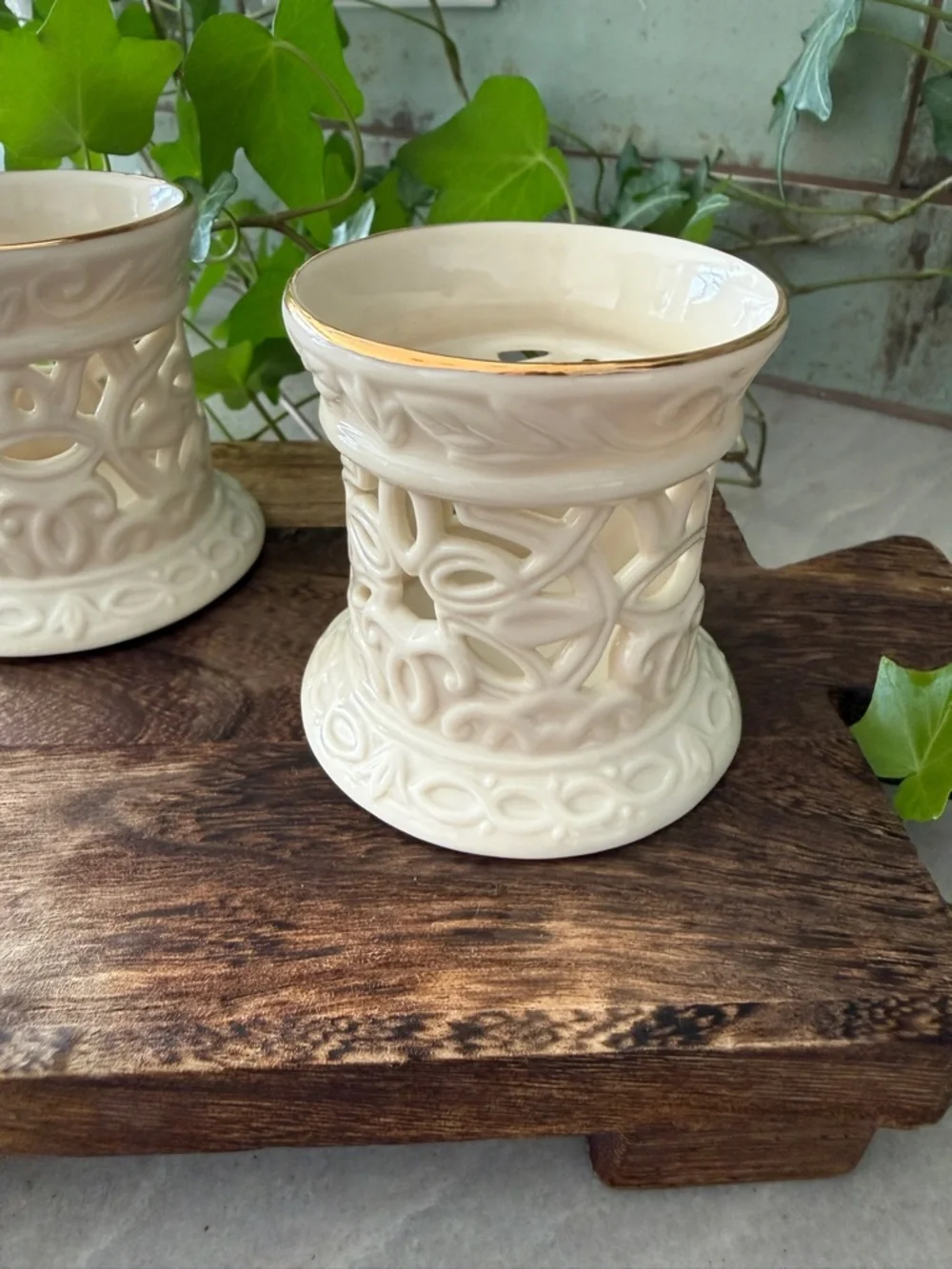 Lenox Ivory China Pierced Lattice Votive Set - Pair of 2 - 24k Gold Trim - MINT